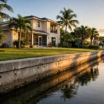 Florida seawall with weep holes along a canal at sunset