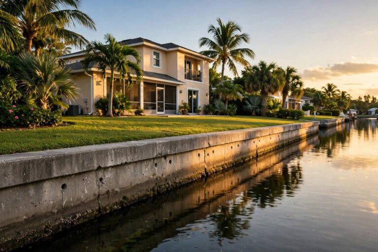 Florida seawall with weep holes along a canal at sunset