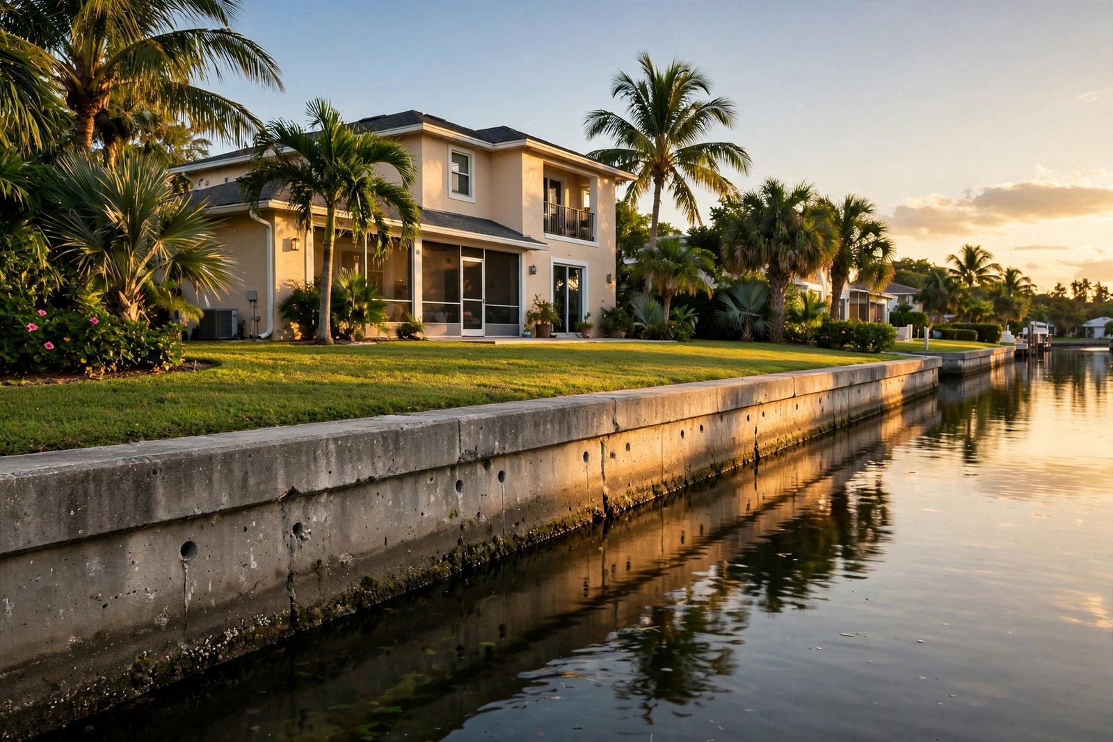 Florida seawall with weep holes along a canal at sunset
