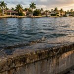 King tide water lapping over a concrete seawall cap along a Florida canal in Pinellas County