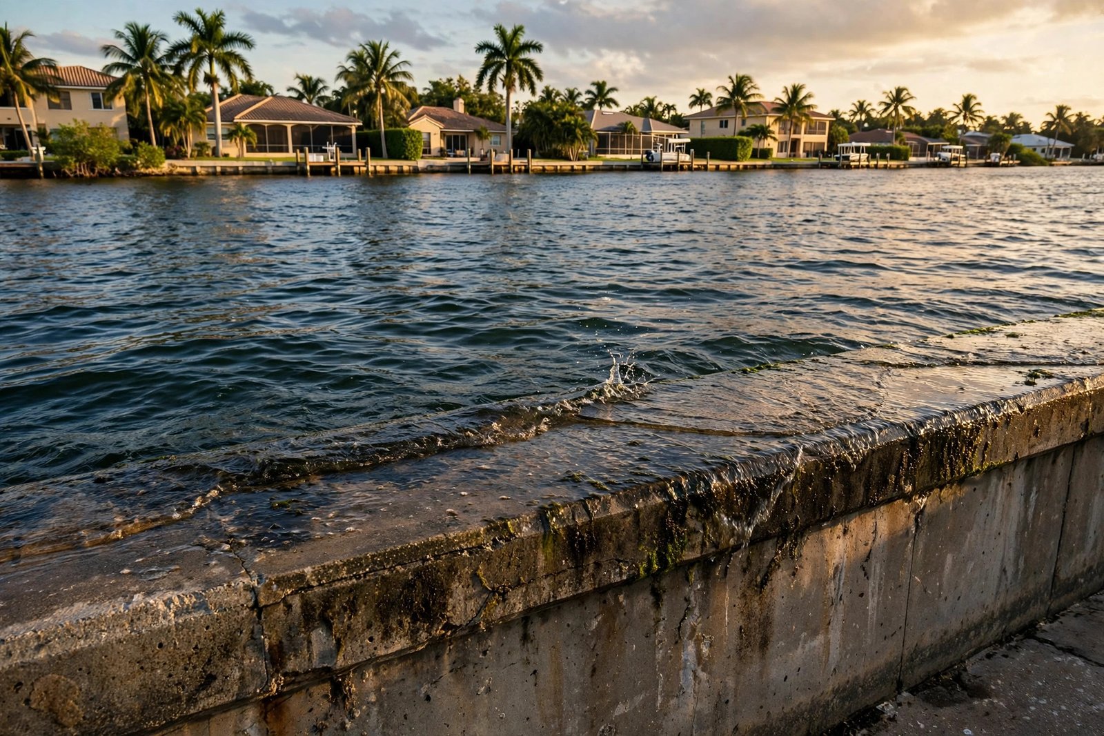 King tide water lapping over a concrete seawall cap along a Florida canal in Pinellas County