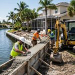 Construction crew installing a concrete seawall along a Florida canal in Pinellas County