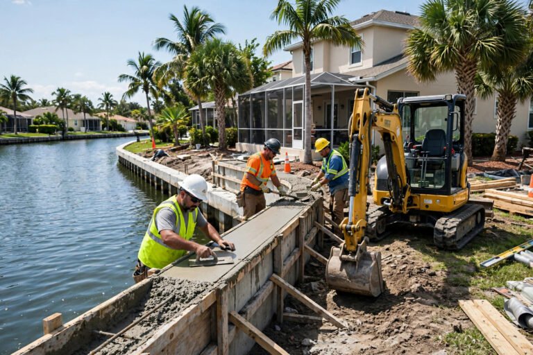 Construction crew installing a concrete seawall along a Florida canal in Pinellas County