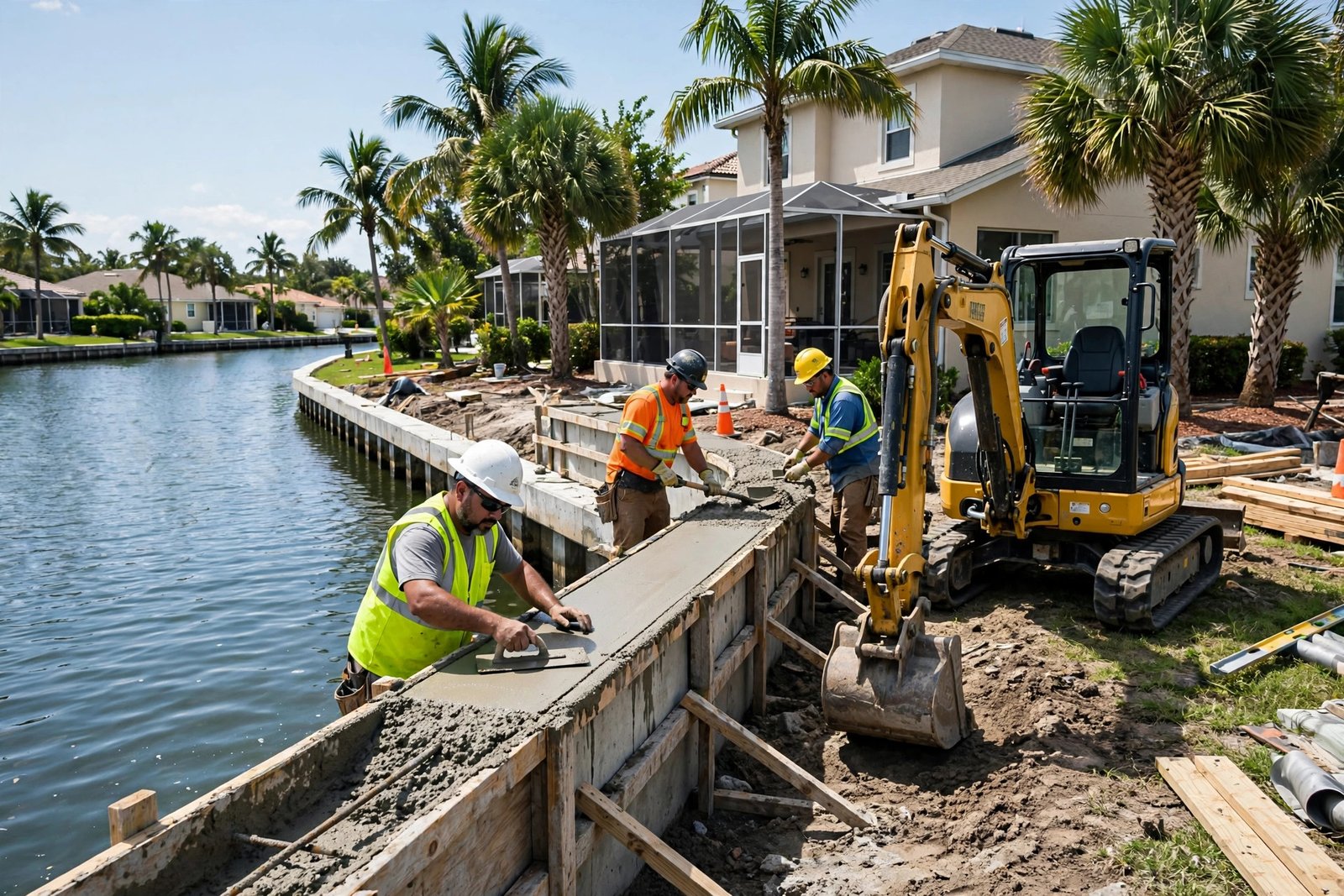 Construction crew installing a concrete seawall along a Florida canal in Pinellas County
