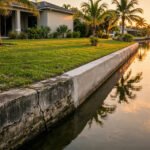 Weathered cracked concrete seawall beside a newer repaired section along a Florida canal at sunset