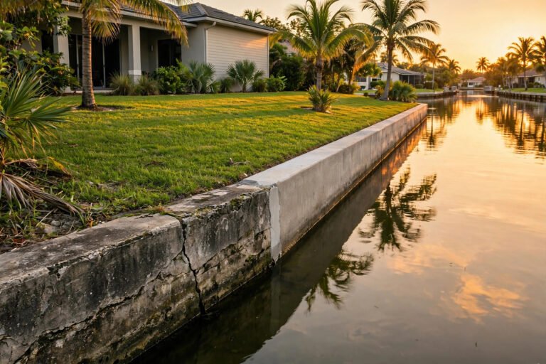 Weathered cracked concrete seawall beside a newer repaired section along a Florida canal at sunset