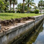 Soil erosion gap behind a concrete seawall cap along a Florida canal in Pinellas County