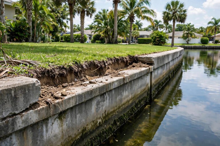 Soil erosion gap behind a concrete seawall cap along a Florida canal in Pinellas County