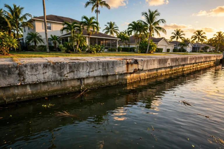 Concrete seawall cap in Pinellas County showing cracks and age
