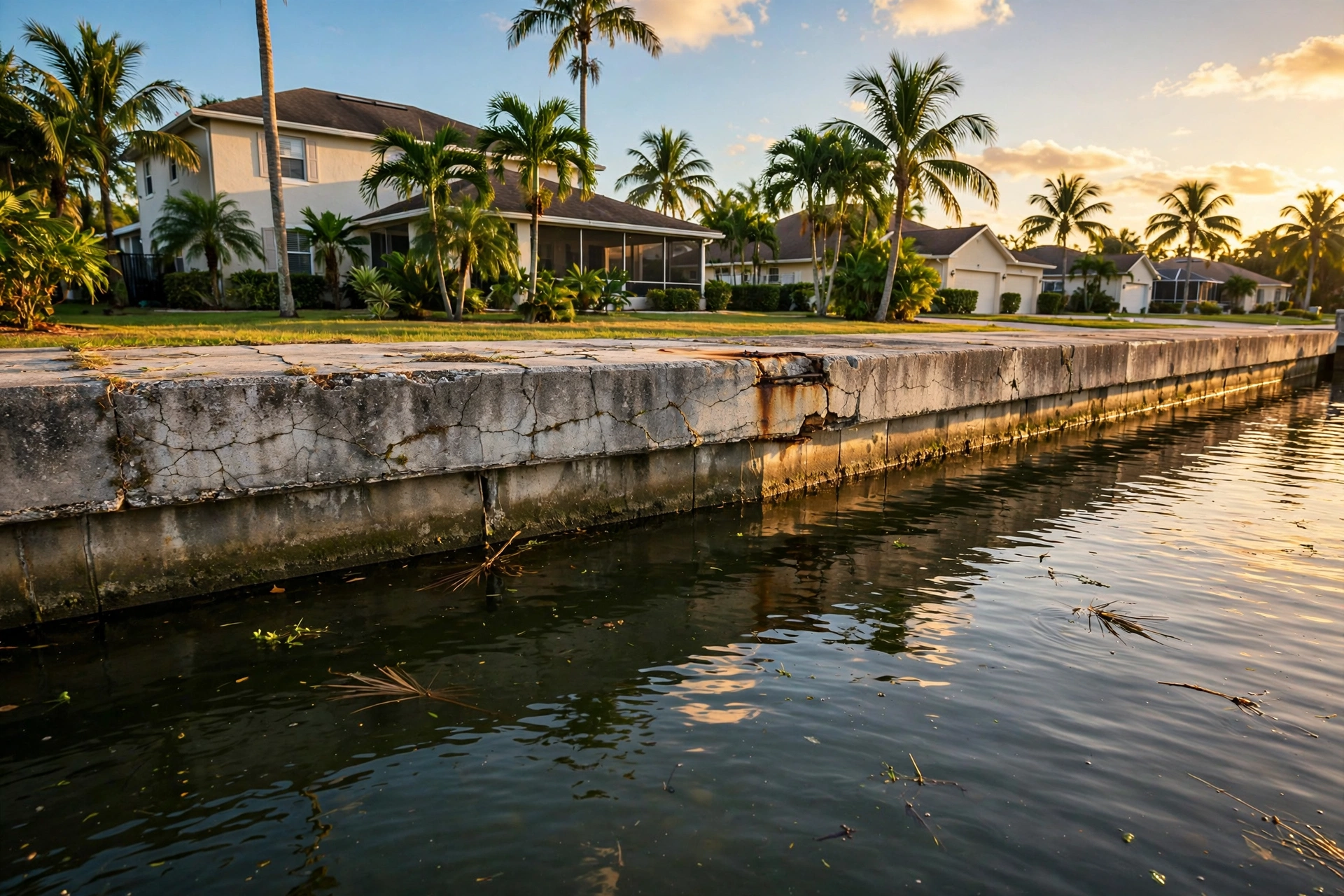 Concrete seawall cap in Pinellas County showing cracks and age