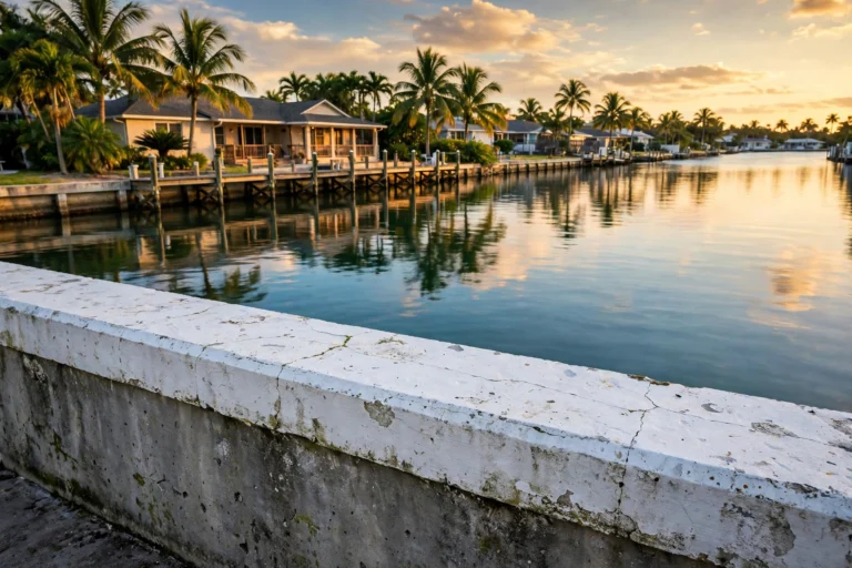 Weathered concrete seawall in Pinellas County showing its age — seawall lifespan depends on material and upkeep
