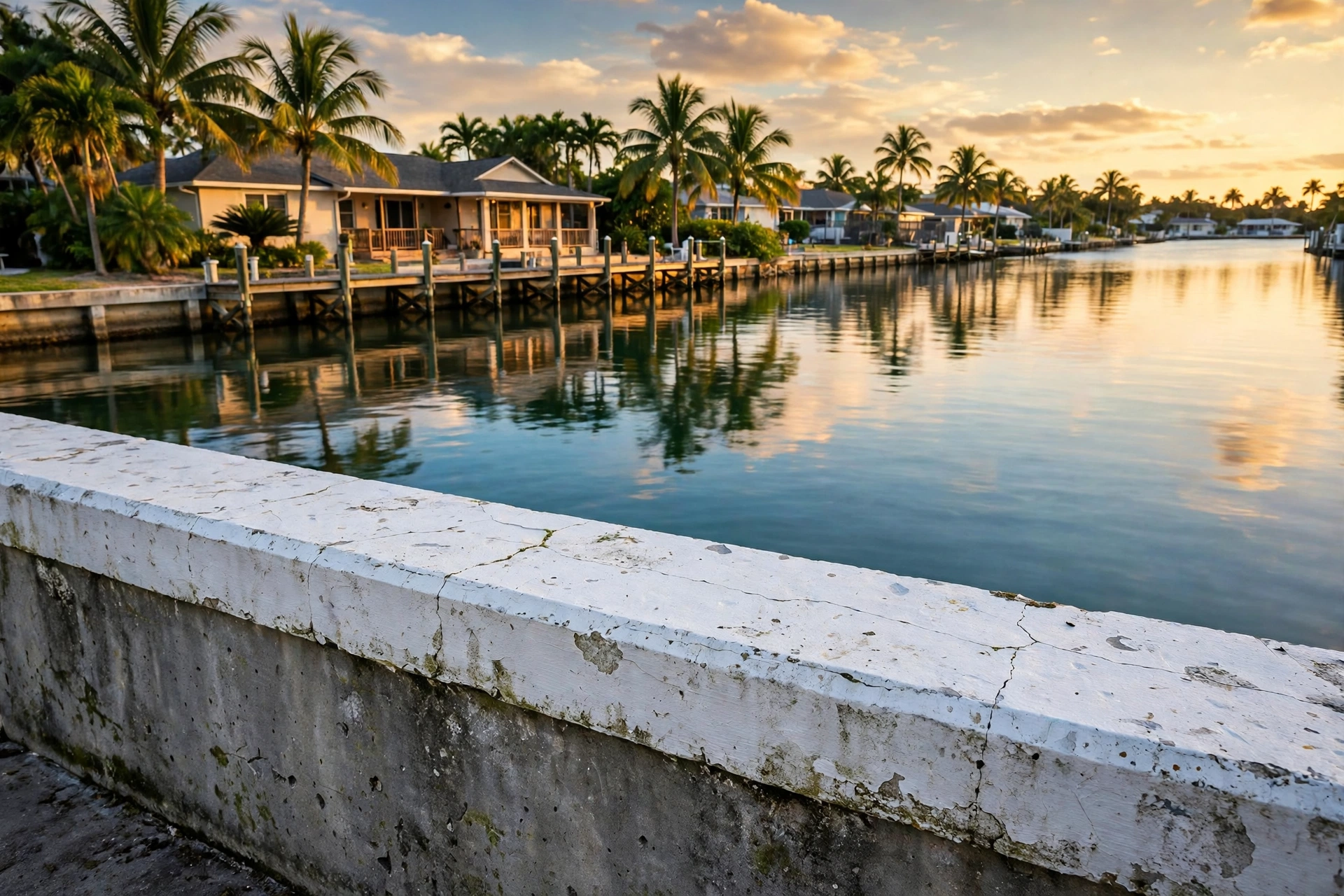 Weathered concrete seawall in Pinellas County showing its age — seawall lifespan depends on material and upkeep