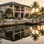 Concrete seawall along a Florida canal at golden hour