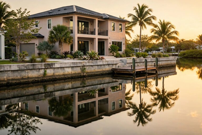 Concrete seawall along a Florida canal at golden hour